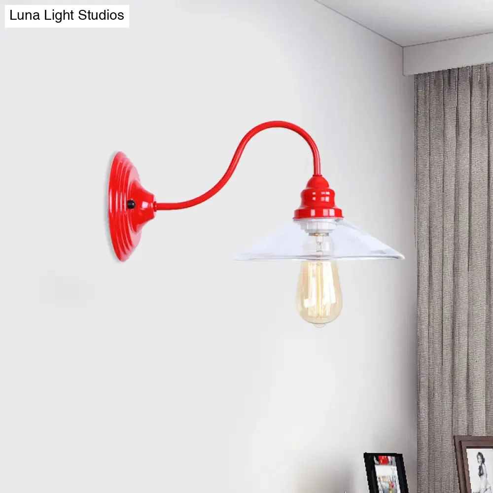 Industrial Red Clear Glass Wall Mounted Light with Wide Flare Bulb and Curved Arm