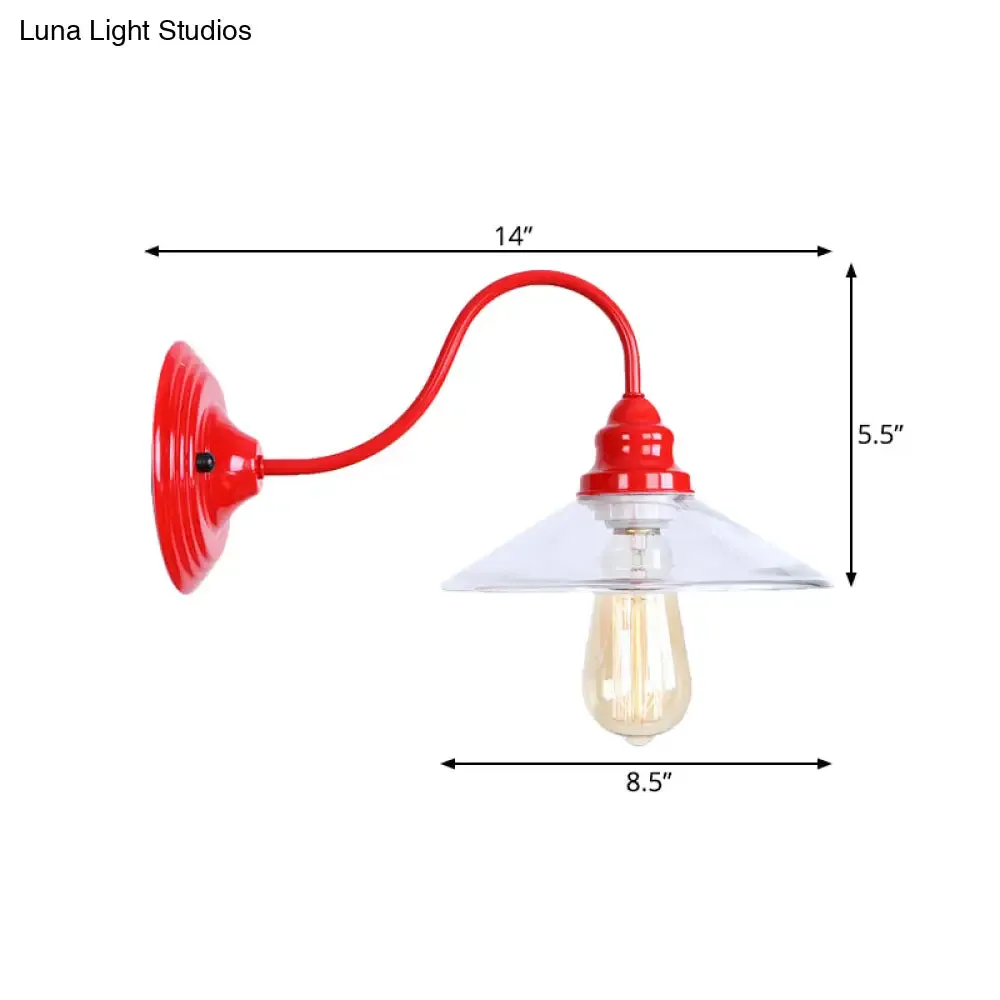 Industrial Red Clear Glass Wall Mounted Light with Wide Flare Bulb and Curved Arm