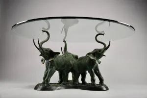 Italian 1970 Brass Elephants Coffee Table with Glass Round Top