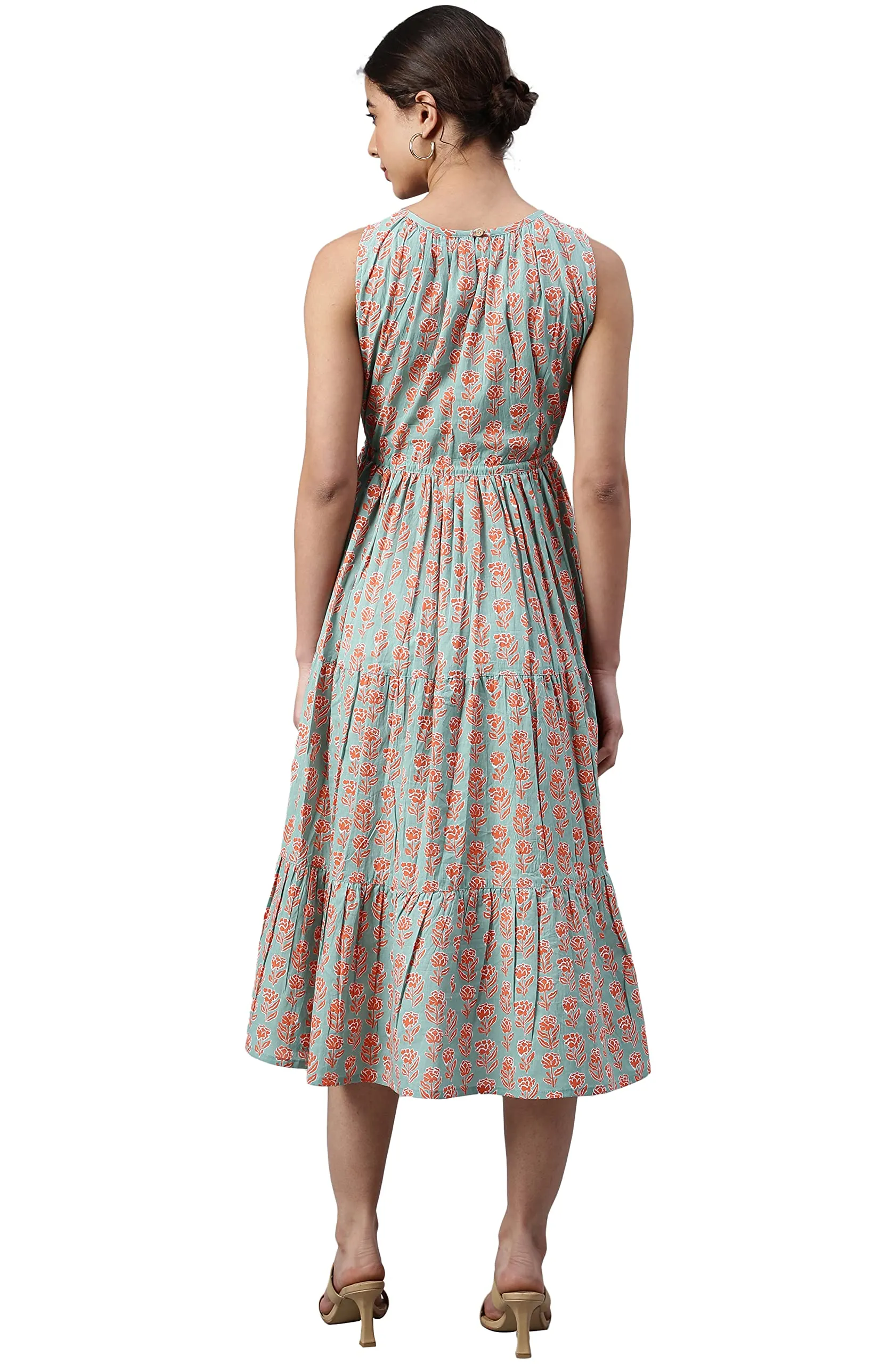 Janasya Women's Mint Green Cotton Floral Block Print Tiered Western Dress(JNE3961-DR-L)