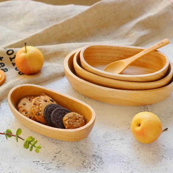 Japanese Rubberwood Boat Shape Oval Wooden Bowl