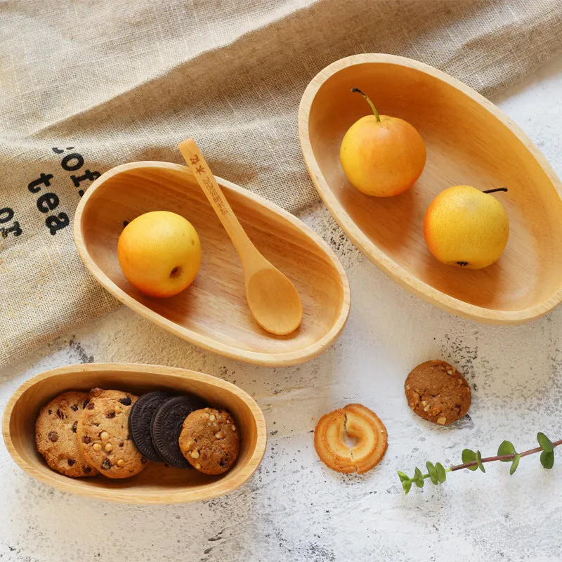 Japanese Rubberwood Boat Shape Oval Wooden Bowl