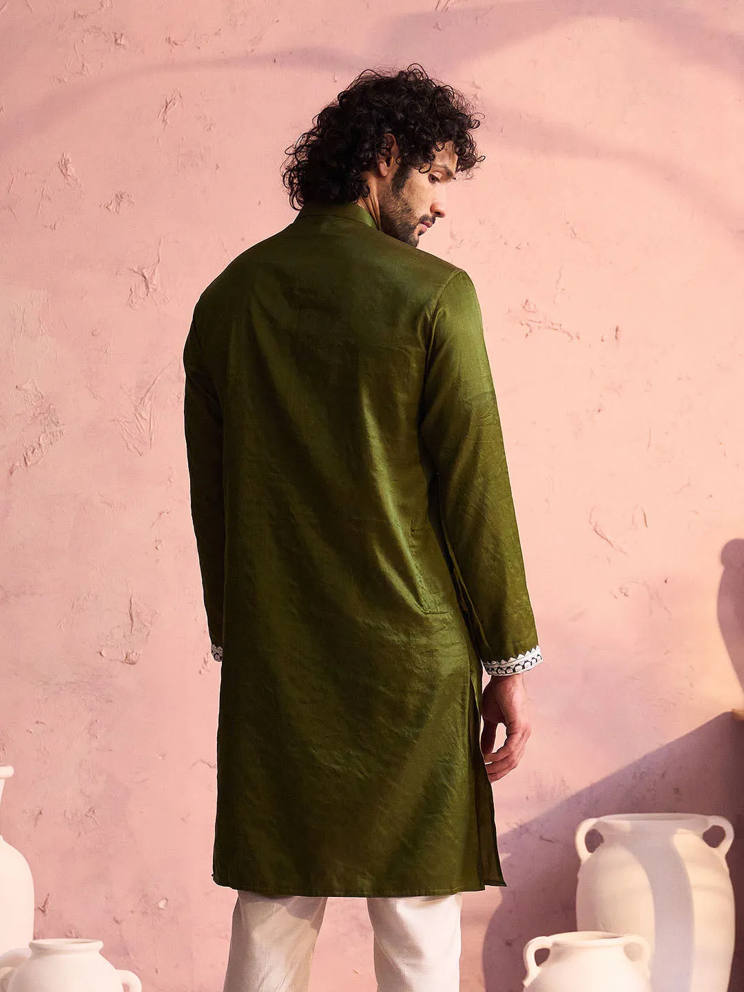 Jashvi Men's Mint Green Silk Machine Embroidered Kurta