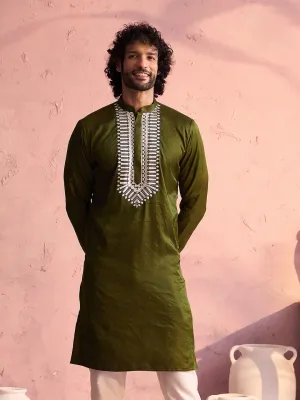 Jashvi Men's Mint Green Silk Machine Embroidered Kurta