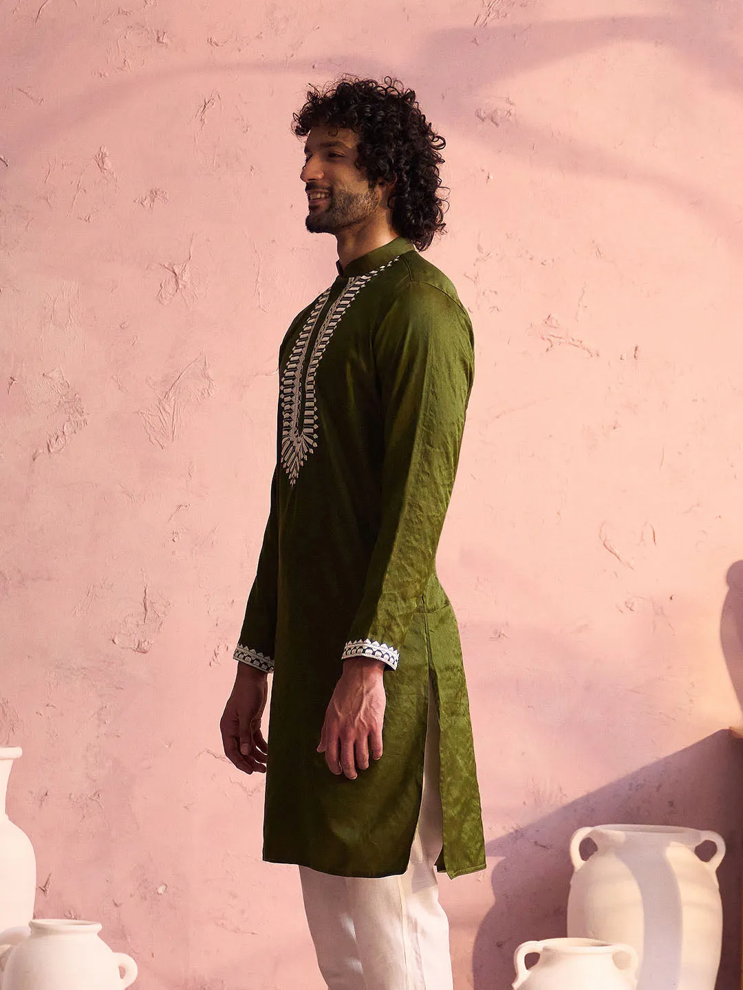 Jashvi Men's Mint Green Silk Machine Embroidered Kurta