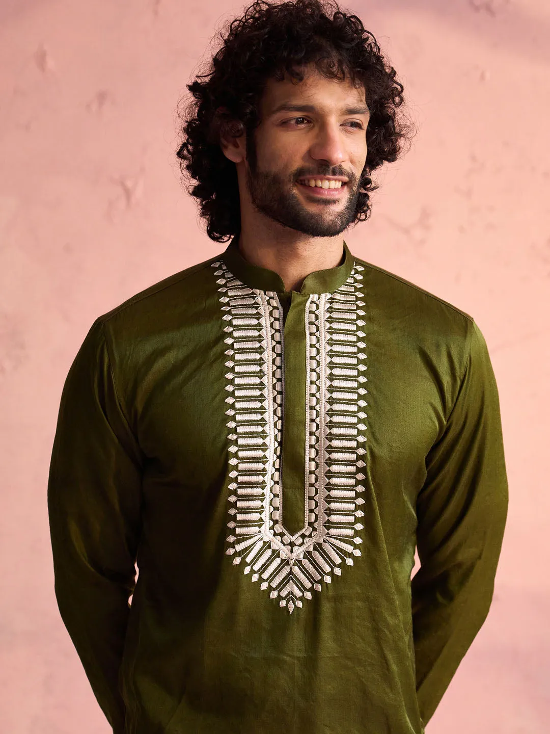 Jashvi Men's Mint Green Silk Machine Embroidered Kurta