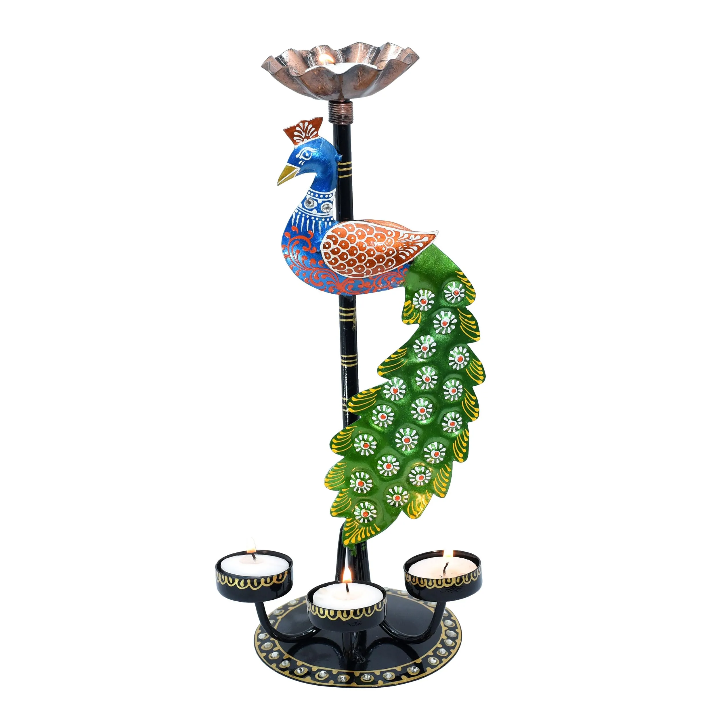 Kraftskala Tea Light Candle Holder Decorative Peacock Showpiece Metal Figurine 4 Candle Diya Burner Slots for Living Room, Diwali Gifts, Home Decor