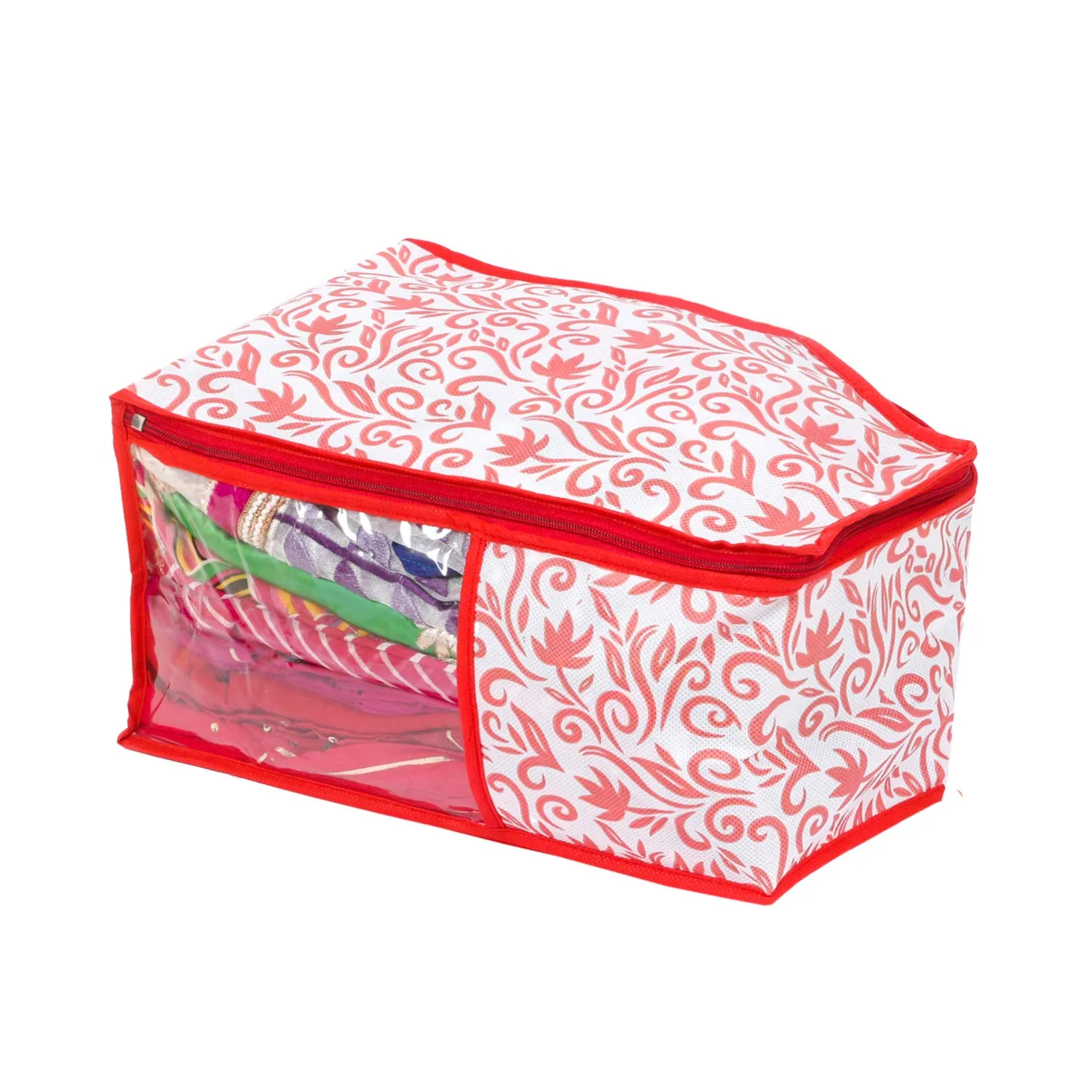 Kuber Industries Floral Design 2 Piece Non Woven Blouse Cover Set (Red & White) - CTKTC023186