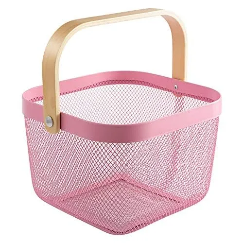 Kuber Industries Metal Wire Basket With Handle|Storage Basket Fot Fruits, Books|Mesh Open Storage Bin|Storage Organizer|Pack Of 3|Pink