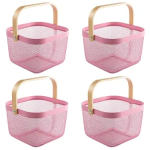 Kuber Industries Metal Wire Basket With Handle|Storage Basket Fot Fruits, Books|Mesh Open Storage Bin|Storage Organizer|Pack Of 4|Pink