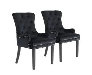 La Bella 2 Set Black French Provincial Dining Chair Ring Studded Lisse Velvet Rubberwood