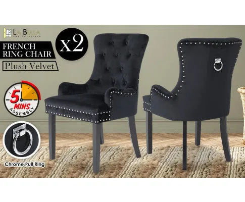 La Bella 2 Set Black French Provincial Dining Chair Ring Studded Lisse Velvet Rubberwood