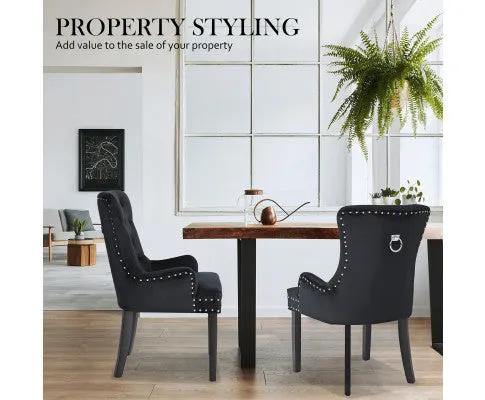 La Bella 2 Set Black French Provincial Dining Chair Ring Studded Lisse Velvet Rubberwood