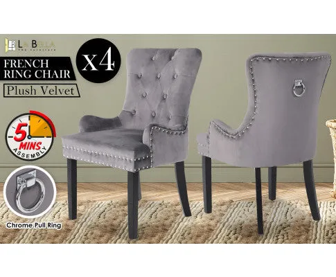 La Bella 4 Set Grey French Provincial Dining Chair Ring Studded Lisse Velvet Rubberwood