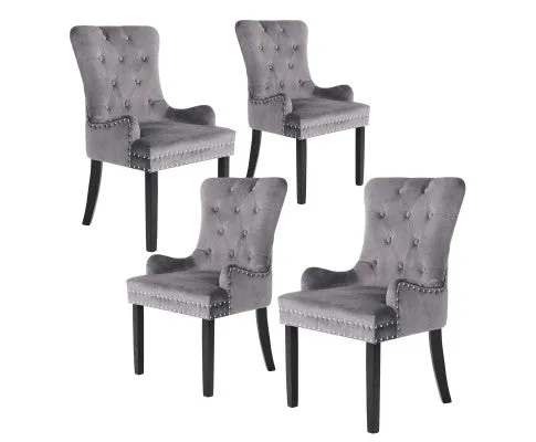 La Bella 4 Set Grey French Provincial Dining Chair Ring Studded Lisse Velvet Rubberwood