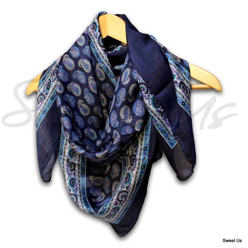 Large Scarf for Women Lightweight Soft Sheer Paisley Floral Silk Scarf Blue Red