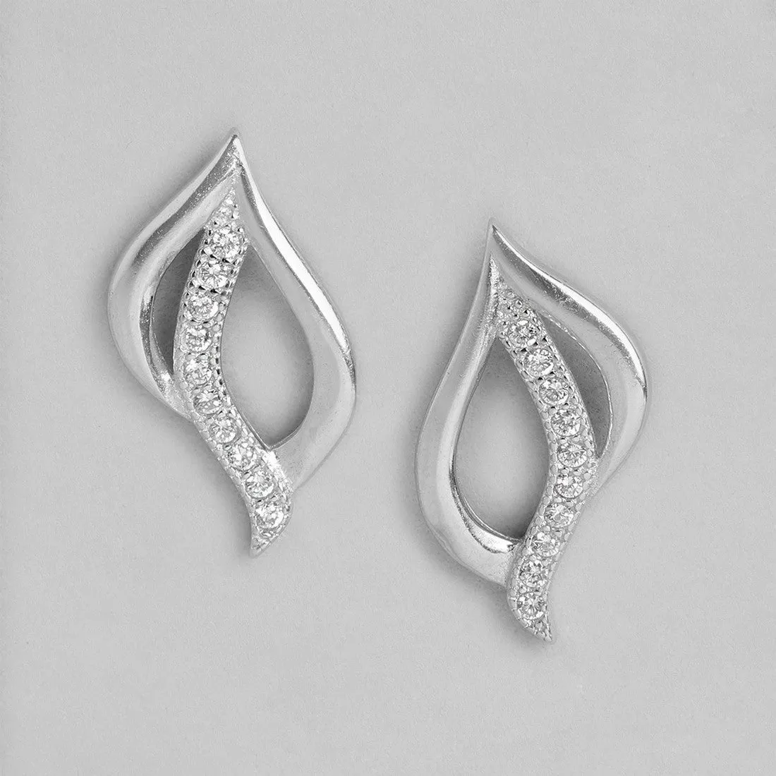 Leaf CZ Studded Rhodium Plated 925 Sterling Silver Stud Earrings