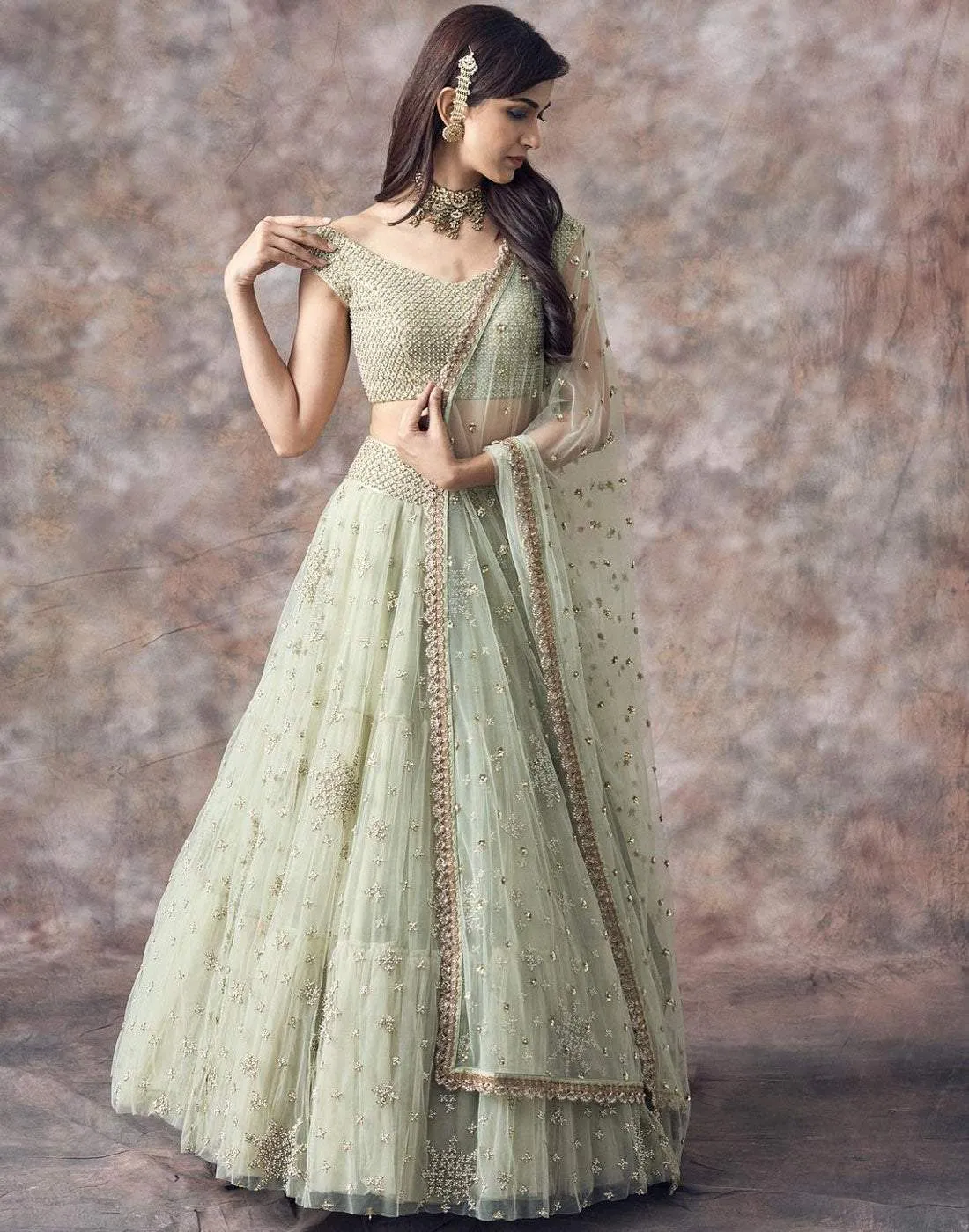 Lehenga Choli In Mint Green Color with Satin Blouse and Dupatta