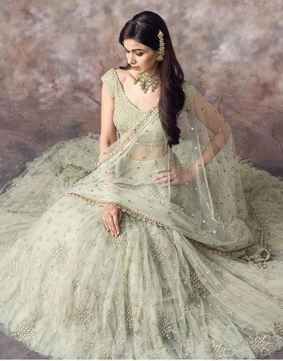 Lehenga Choli In Mint Green Color with Satin Blouse and Dupatta