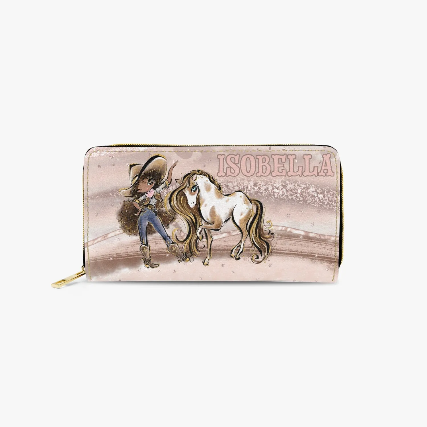 Long Type Zipper Purse, Howdy Cowgirl & Horse, Brunette Hair Olive Skin Brown Eyes