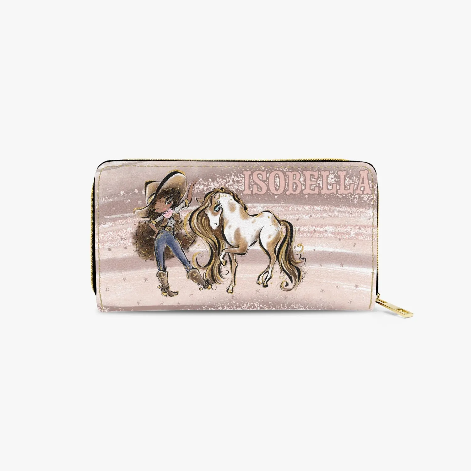 Long Type Zipper Purse, Howdy Cowgirl & Horse, Brunette Hair Olive Skin Brown Eyes