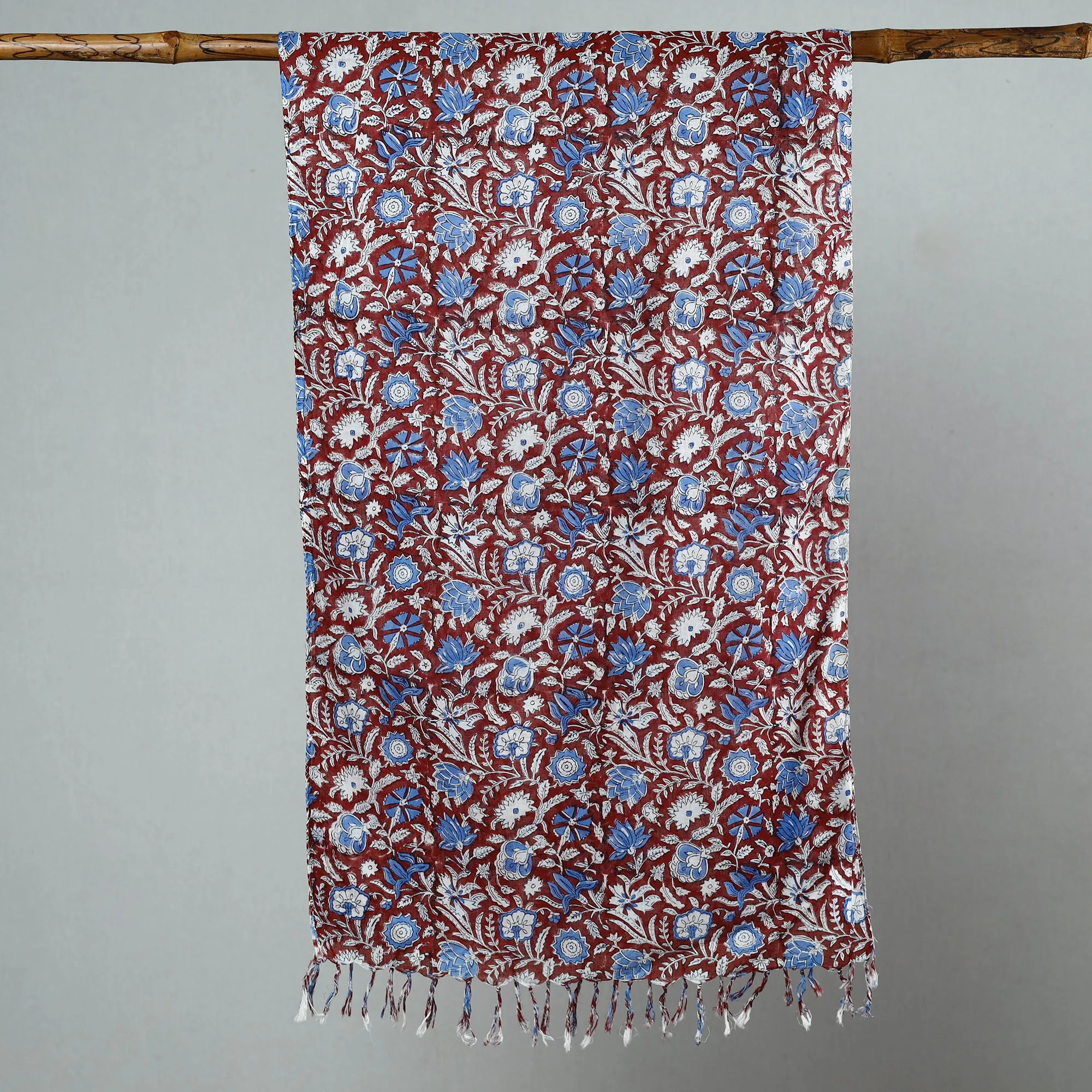 Maroon - Sanganeri Block Printed Cotton Stole with Tassels 107