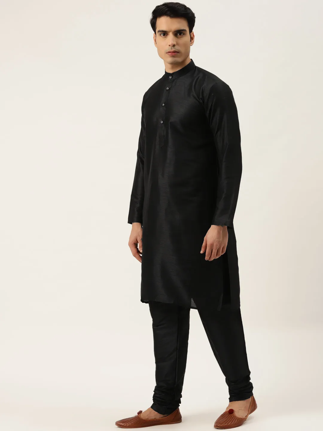 Men's Silk Blend Black Kurta Pyjama & Beige Sherwani Set - Sojanya