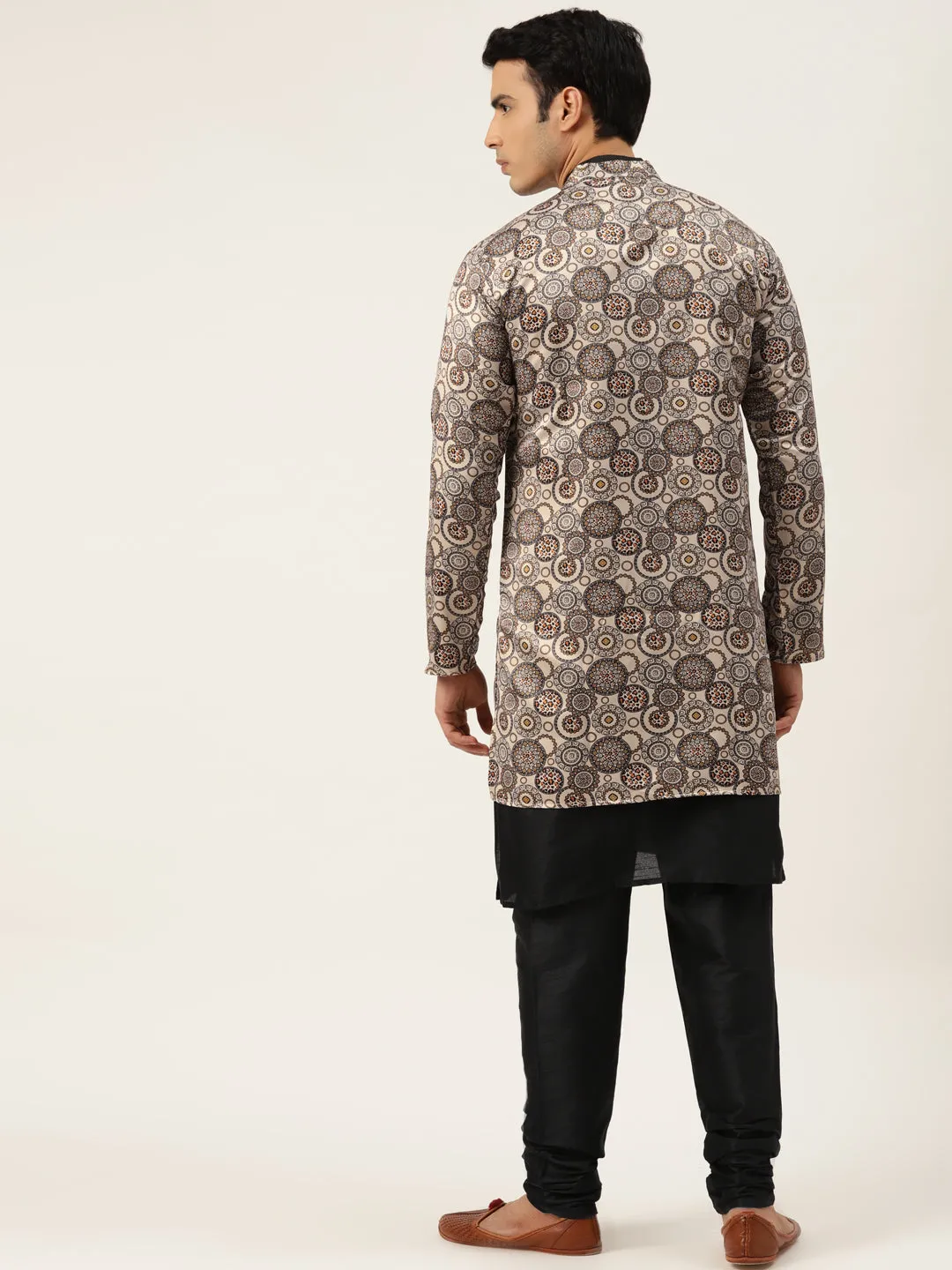 Men's Silk Blend Black Kurta Pyjama & Beige Sherwani Set - Sojanya