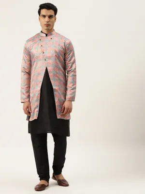 Men's Silk Blend Black Kurta Pyjama & Rust Sherwani Set - Sojanya