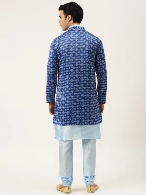 Men's Silk Blend Sky Blue Kurta Pyjama & Blue Sherwani Set - Sojanya