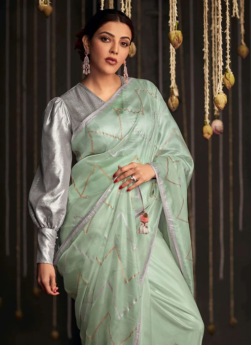 Mint Green And Grey Embroidered Organza Silk Saree