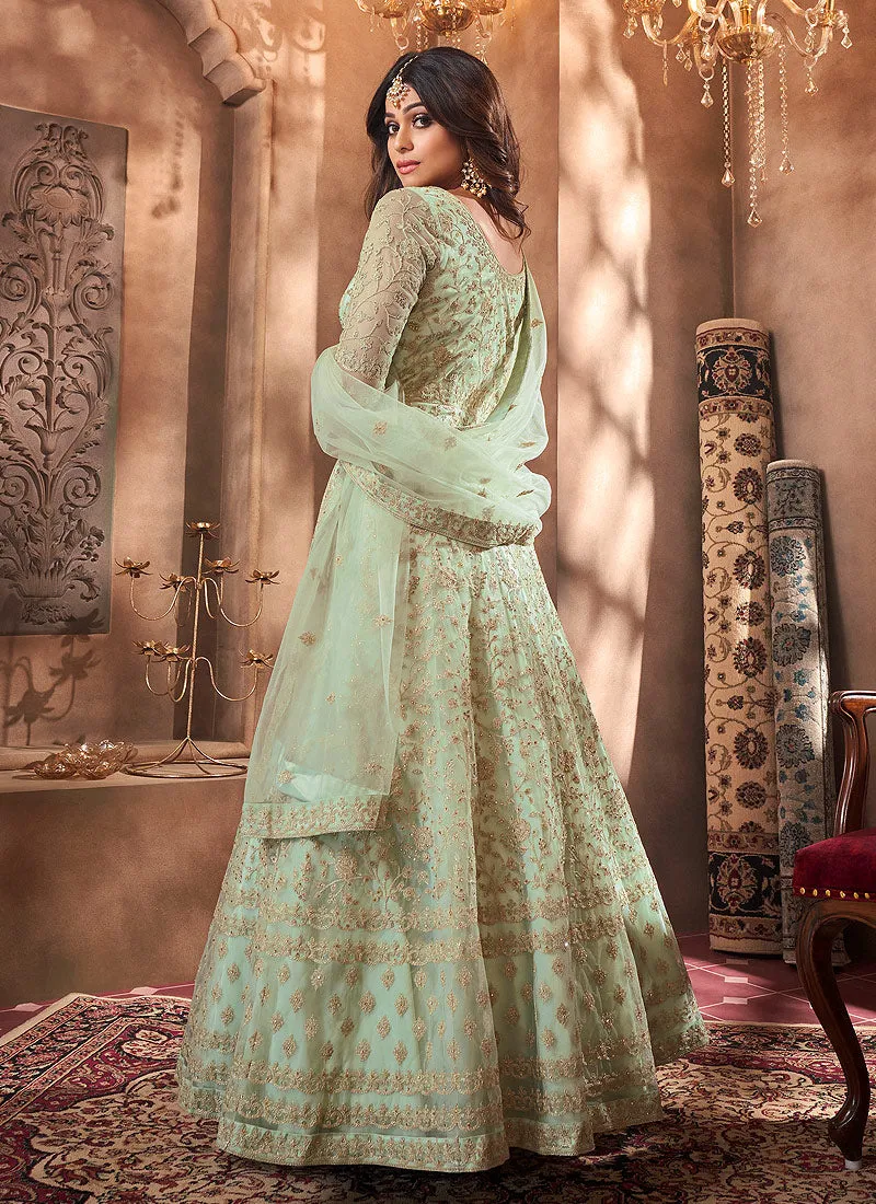 Mint Green Golden Embroidery Wedding Anarkali Suit