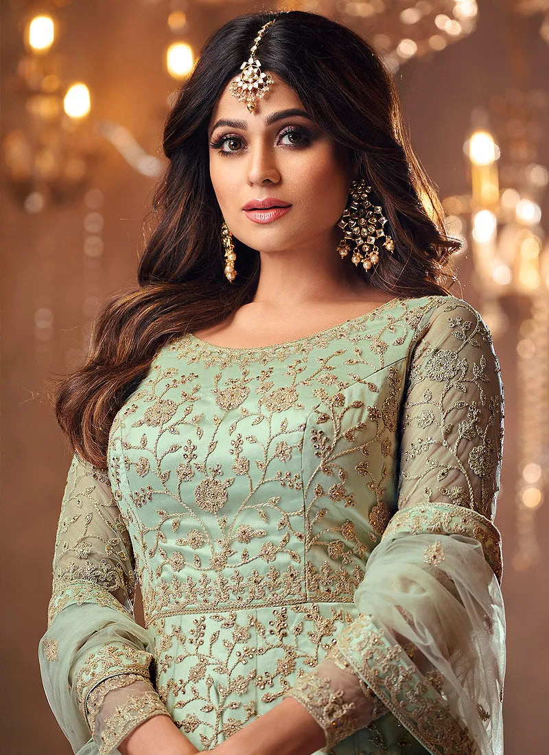 Mint Green Golden Embroidery Wedding Anarkali Suit