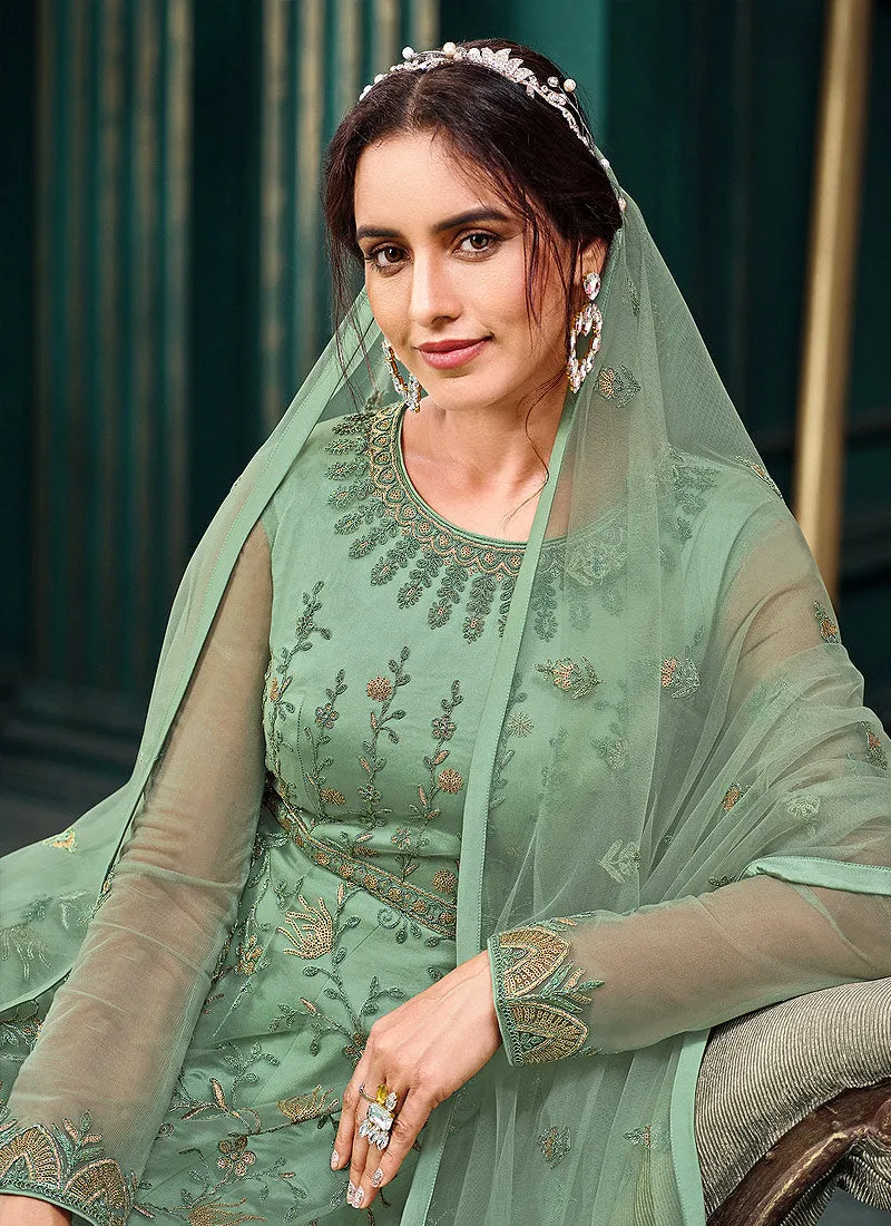 Mint Green Traditional Embroidered Designer Indian Anarkali Suit