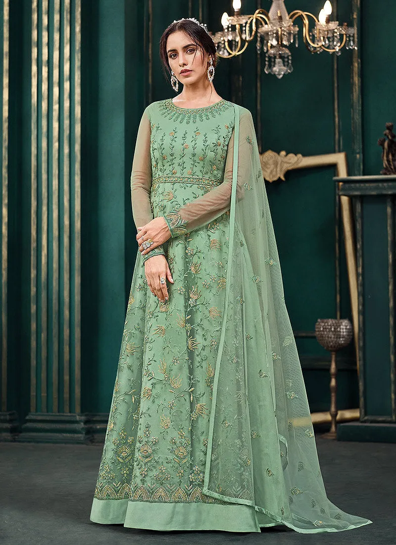 Mint Green Traditional Embroidered Designer Indian Anarkali Suit