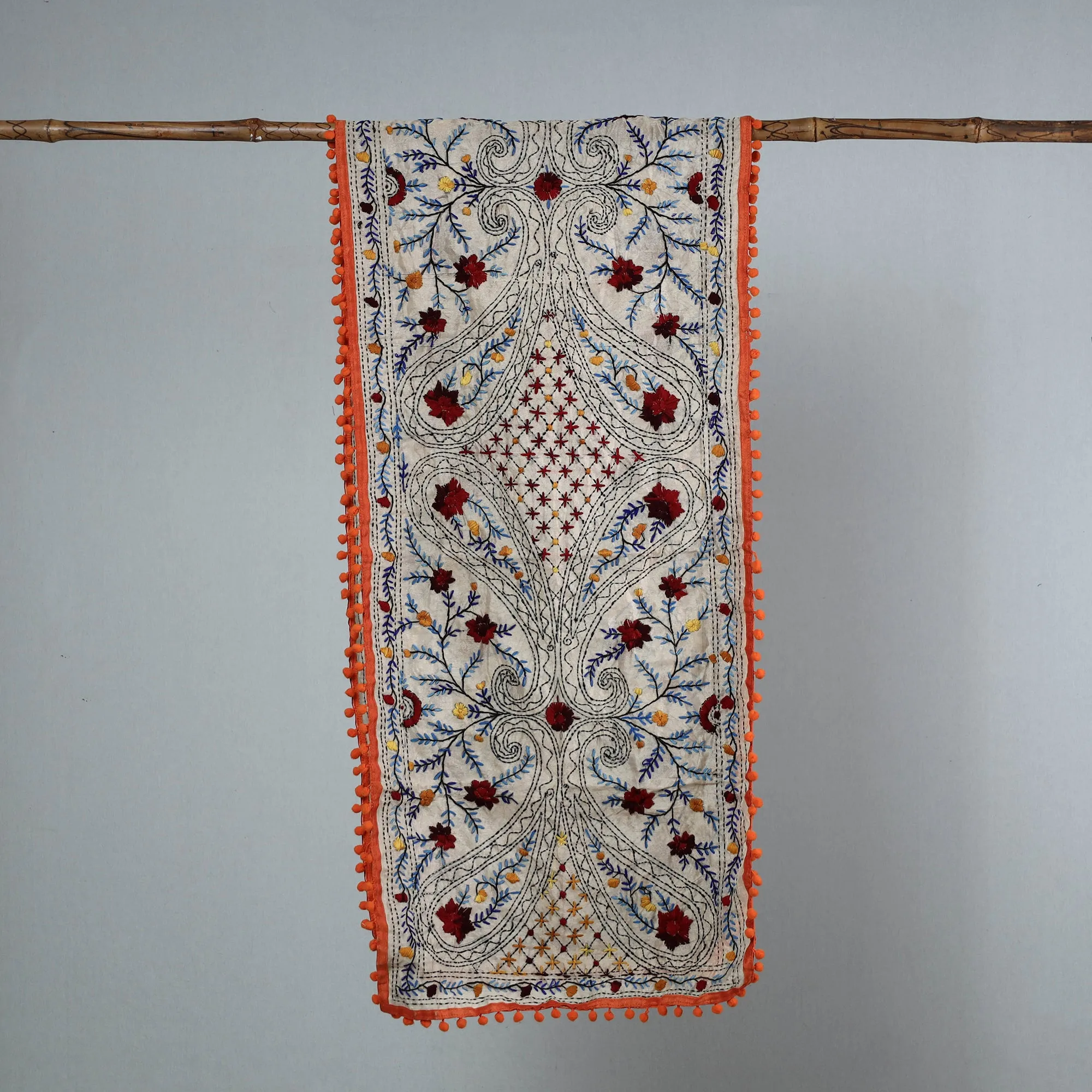 Orange - Ranihati Chanderi Silk Phulkari Embroidered Stole 08