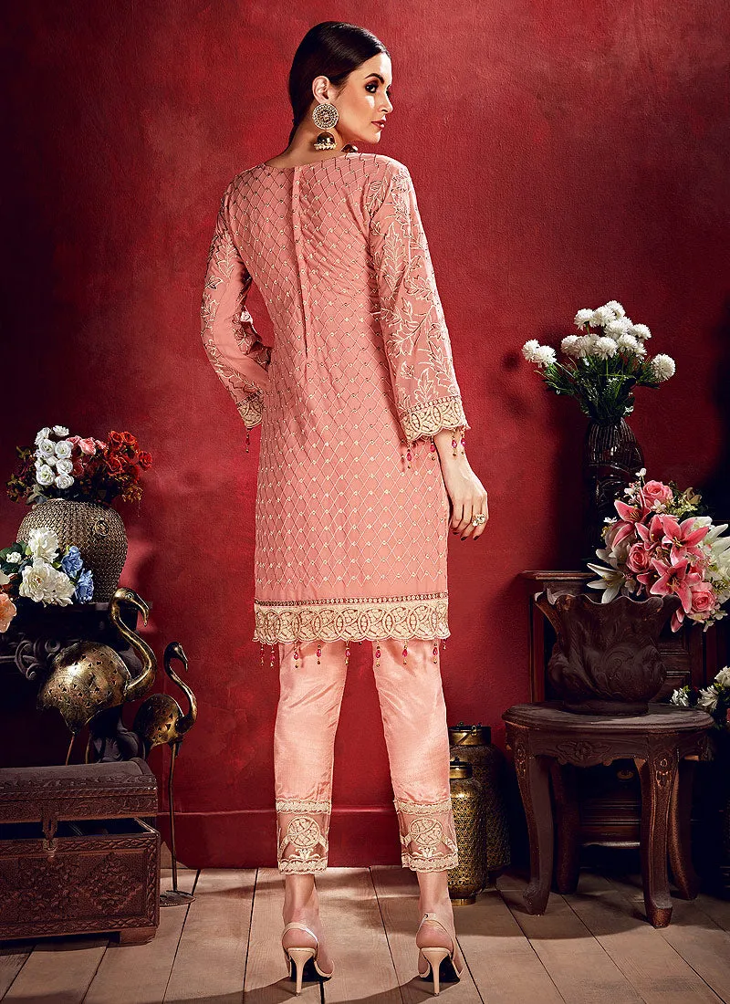 Peach And Red Embroidered Pakistani Pants Suit