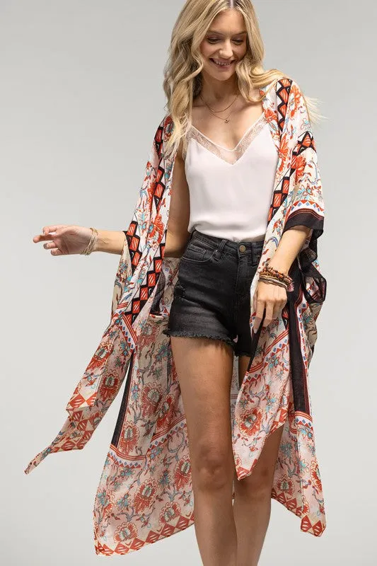 Peach Diamond Printed Cream Floral Kimono Wrap Coverup Top Women's Summer