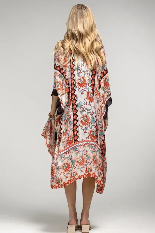 Peach Diamond Printed Cream Floral Kimono Wrap Coverup Top Women's Summer