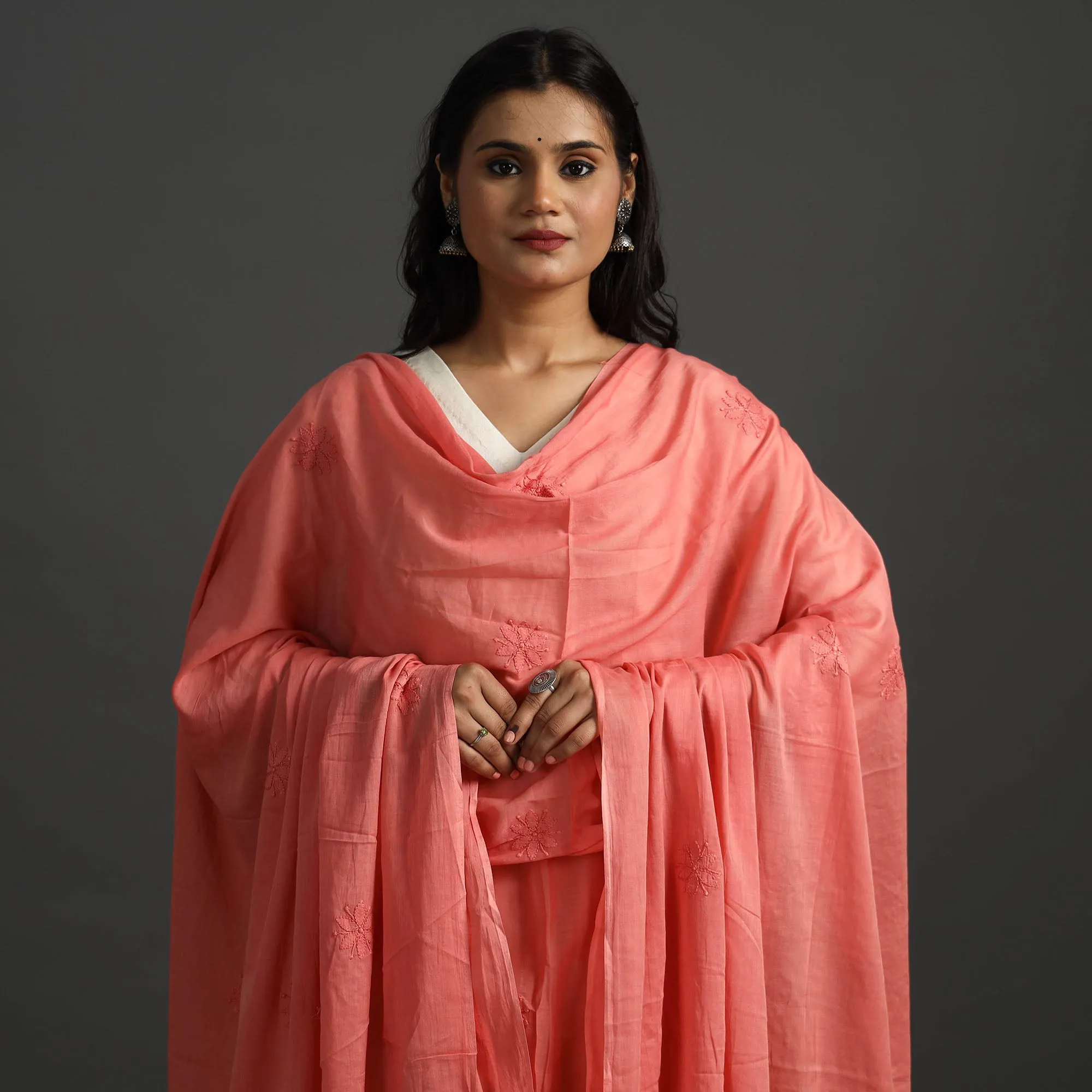 Peach -Lucknow Chikankari Hand Embroidery Cotton Dupatta 33