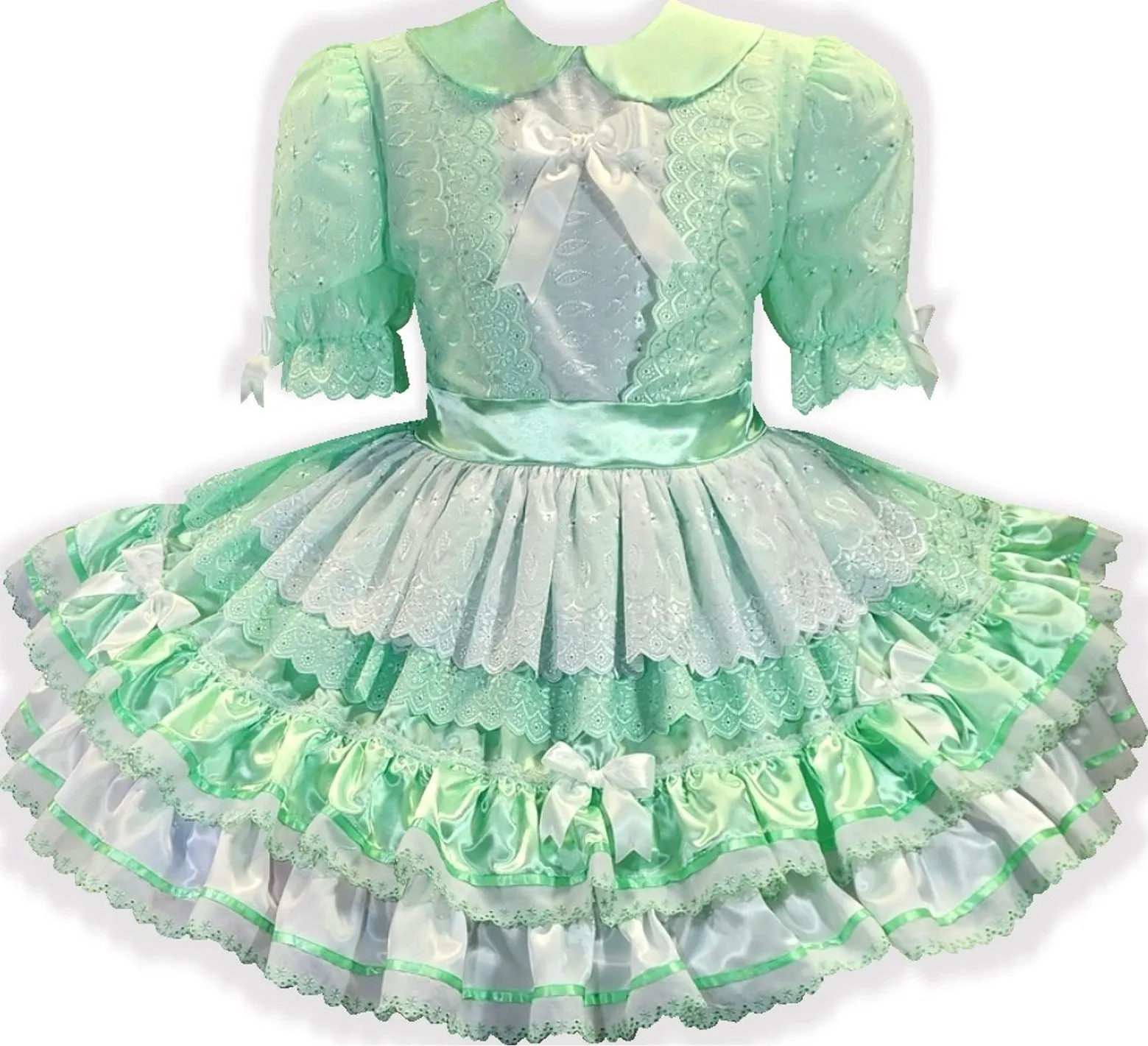 Phyllis Custom Fit Mint Satin Eyelet Ruffles Adult Sissy Dress by Leanne's