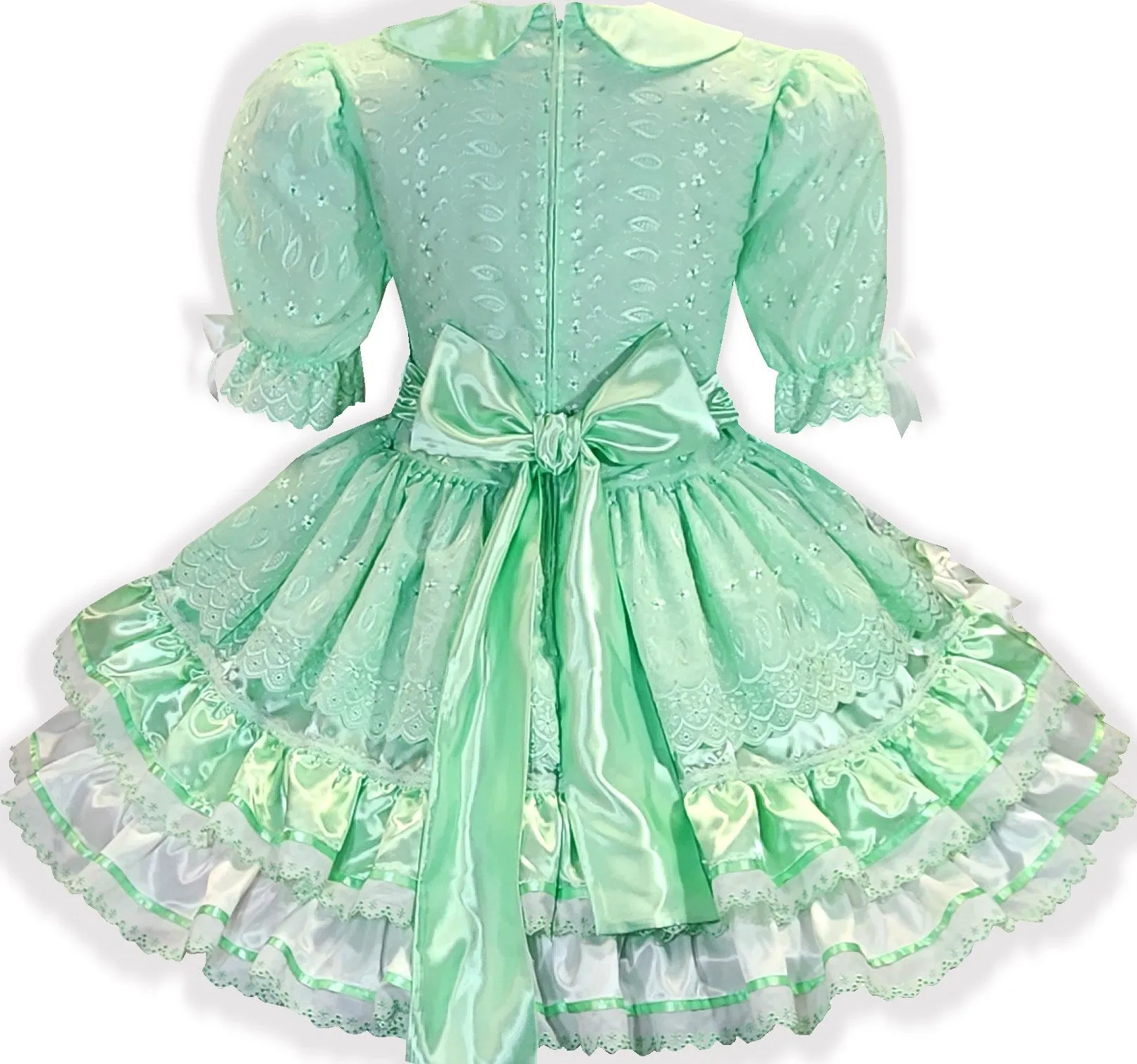 Phyllis Custom Fit Mint Satin Eyelet Ruffles Adult Sissy Dress by Leanne's