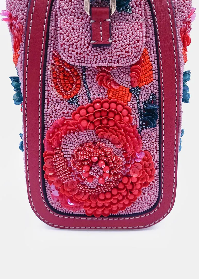 Pink & Multicolor Hand-Embroidered Clutch Bag with Bead Embellishments and Crossbody Strap