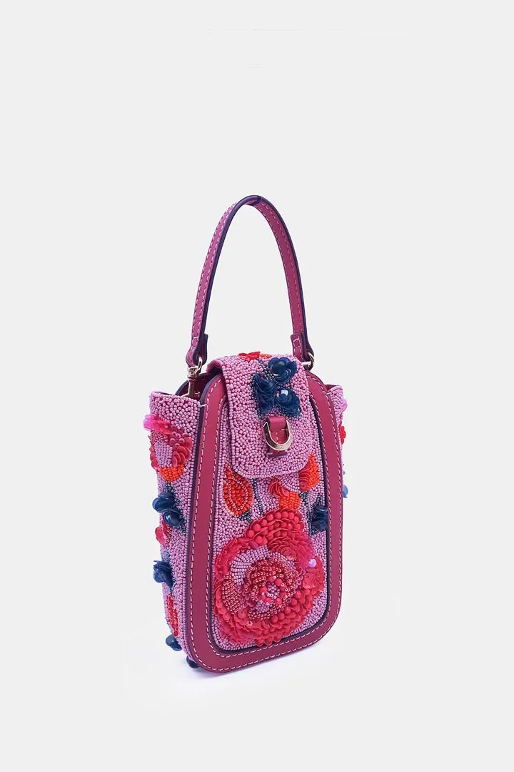 Pink & Multicolor Hand-Embroidered Clutch Bag with Bead Embellishments and Crossbody Strap