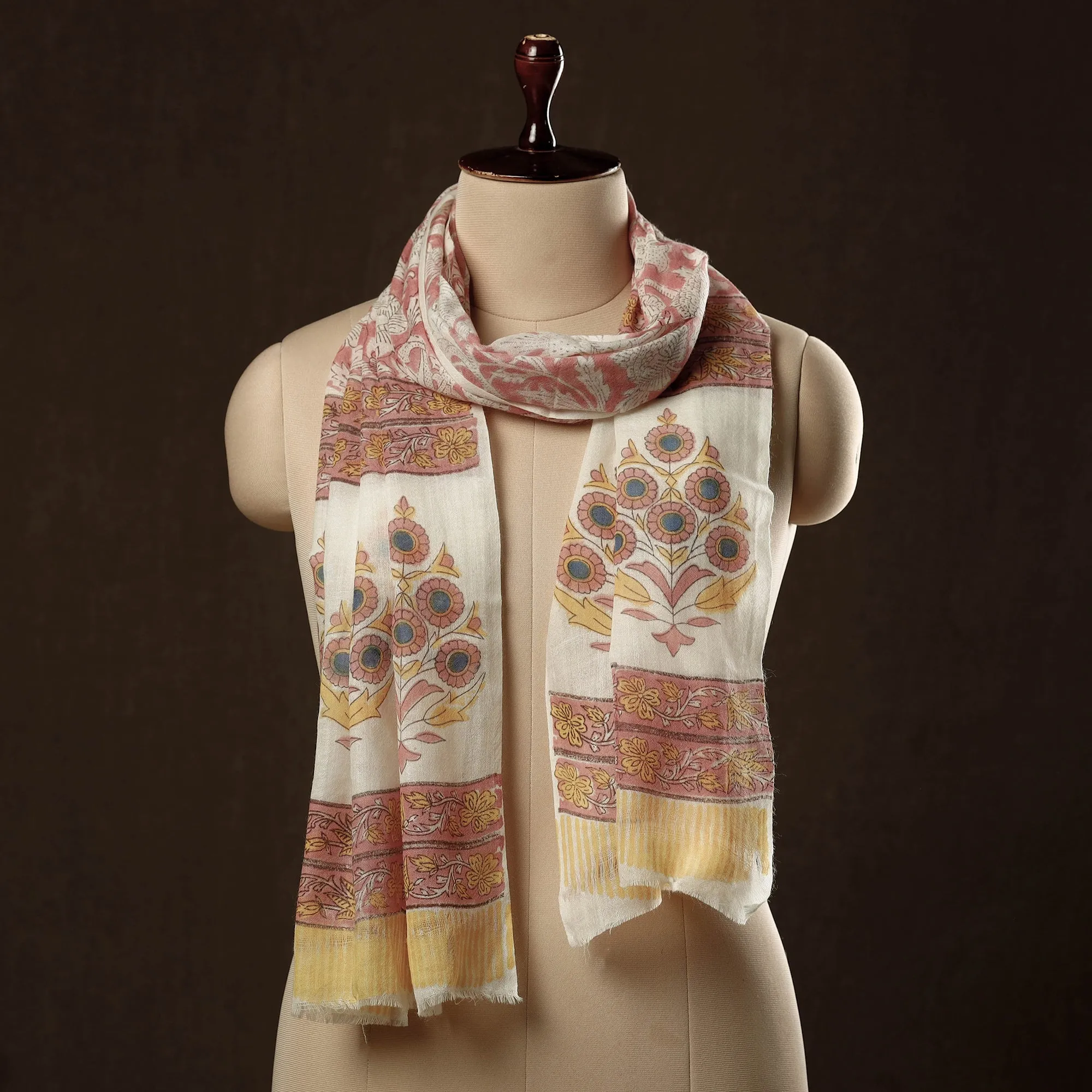 Pink - Pure Wool Sanganeri Hand Block Printed Stole