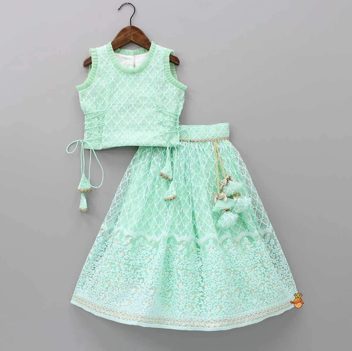 Pre Order: Sequins Thread Embroidered Mint Green Top And Lehenga With Net Dupatta And Potli Bag