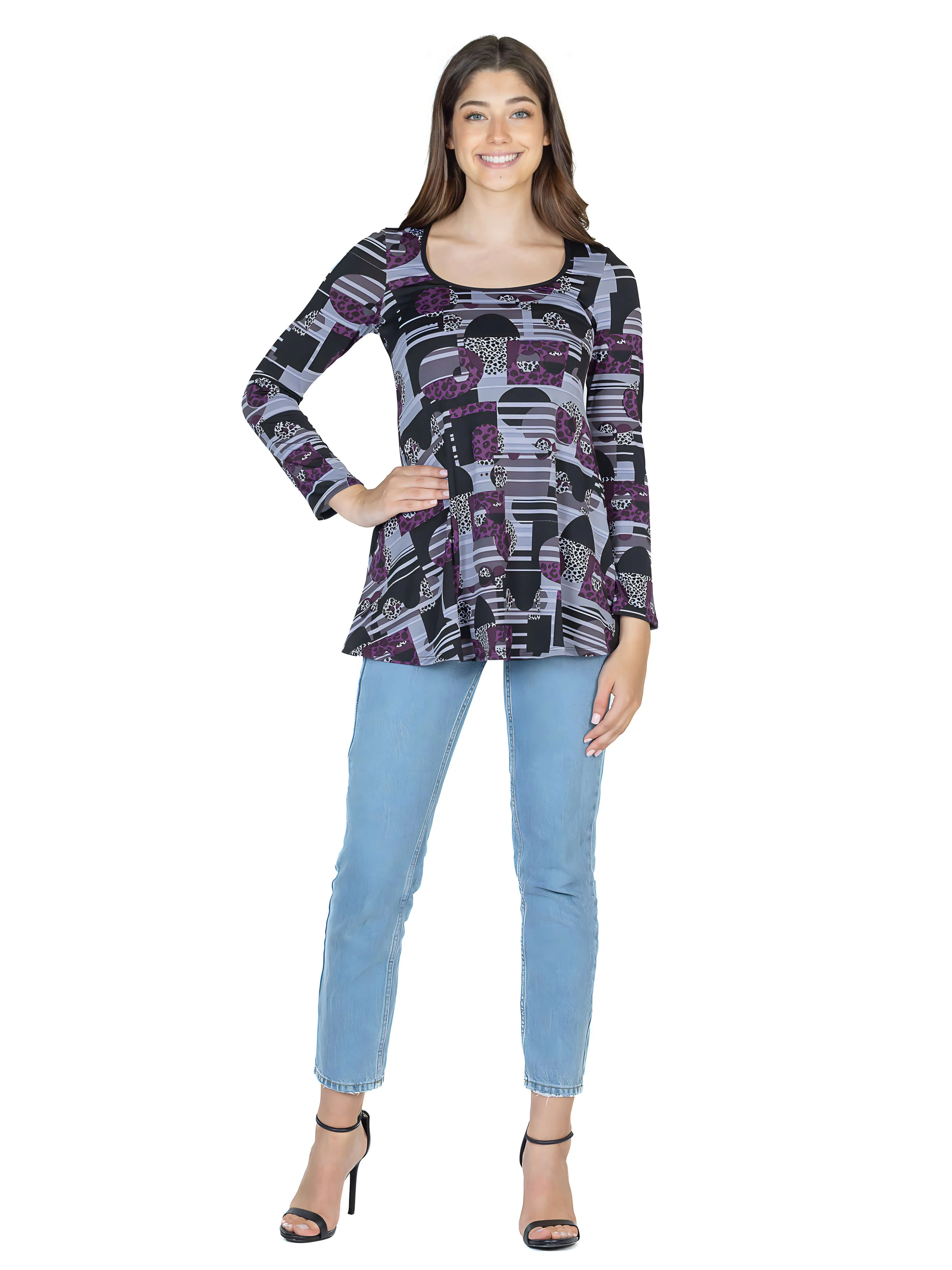 Purple Print Scoop Neck Long Sleeve Tunic Top