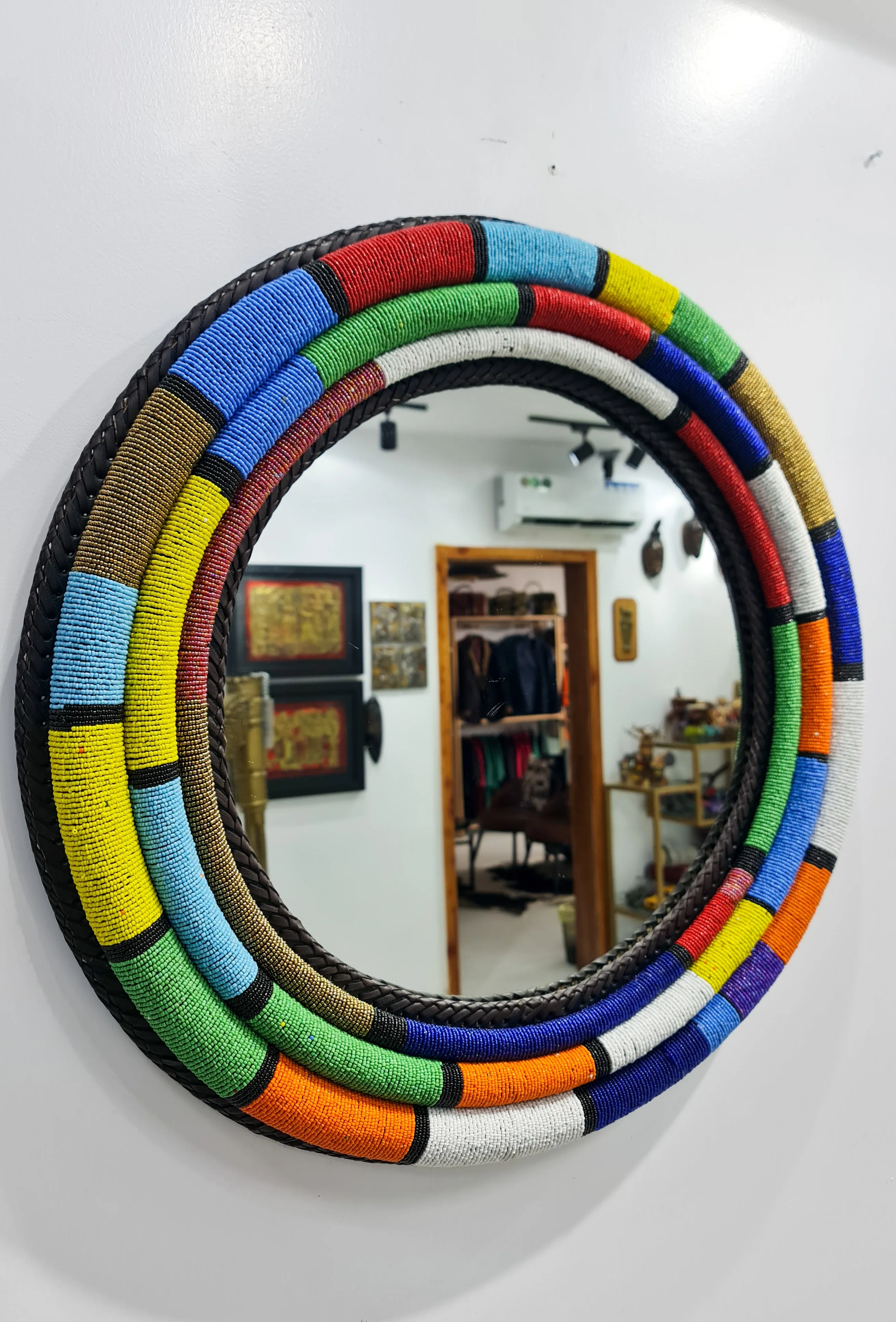 Rainbow   Black Strips Beaded Mirror Frame