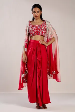 Red Ambi Resham Blouse With Draped Skirt Cape Set