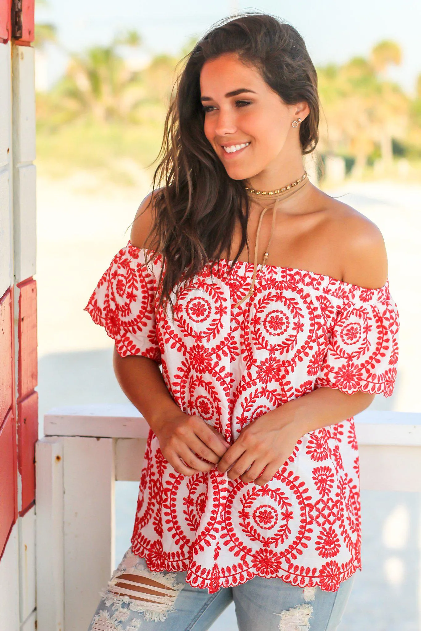 Red and White Off Shoulder Embroidered Top